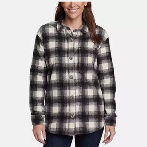 NWT Eddie Bauer Ladies' Microfleece Button-Up black white plaid fleece shirt
